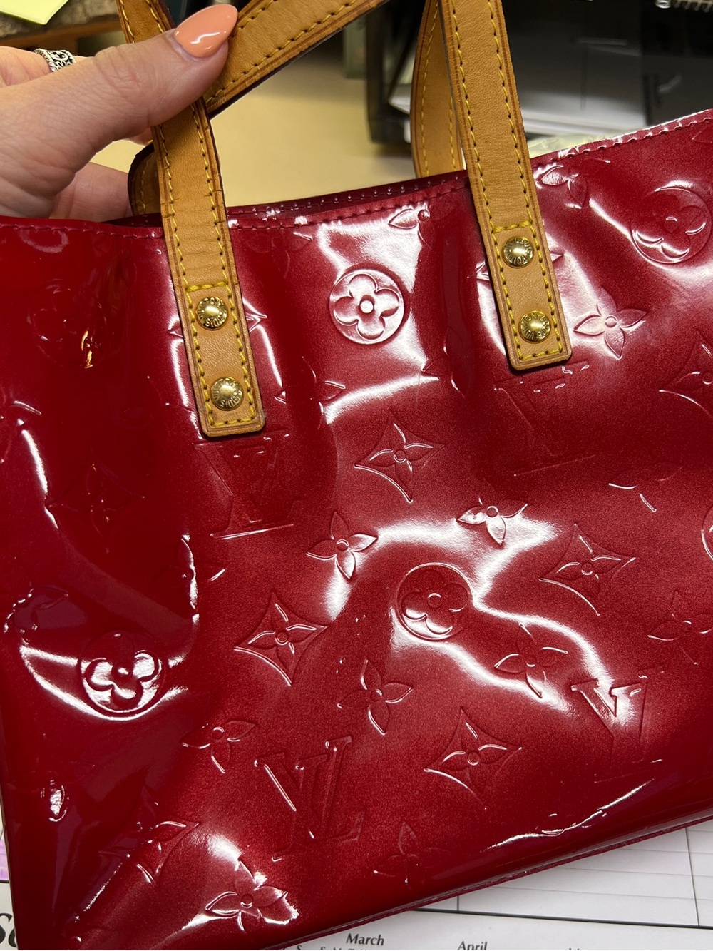 Louis Vuitton Red Patent Monogram Tote with Tan Leather Handles